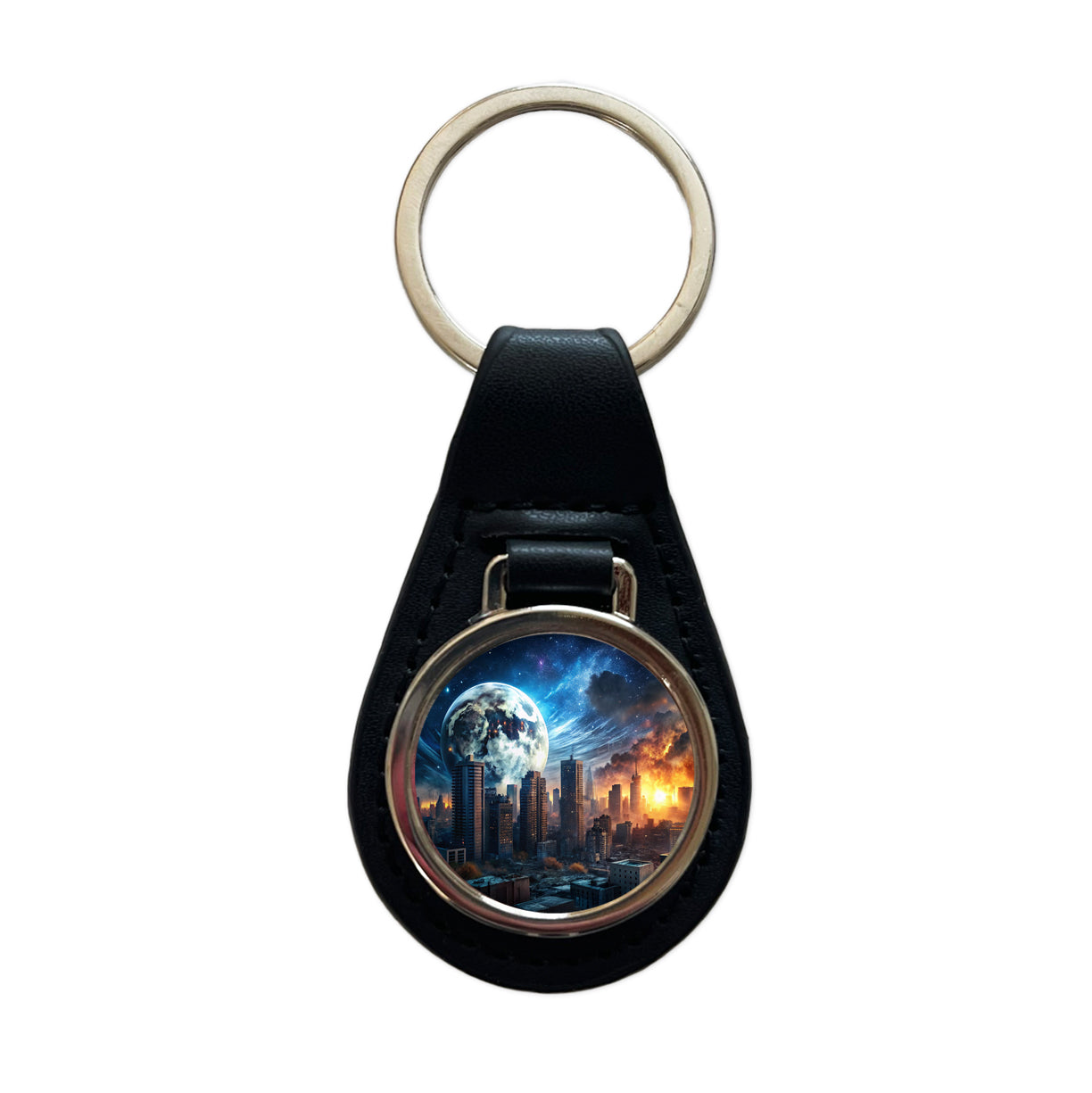 Sci-fi Apocalypse Cityscape City At Night Under a Large Full Moon Black Leather Metal Keychain