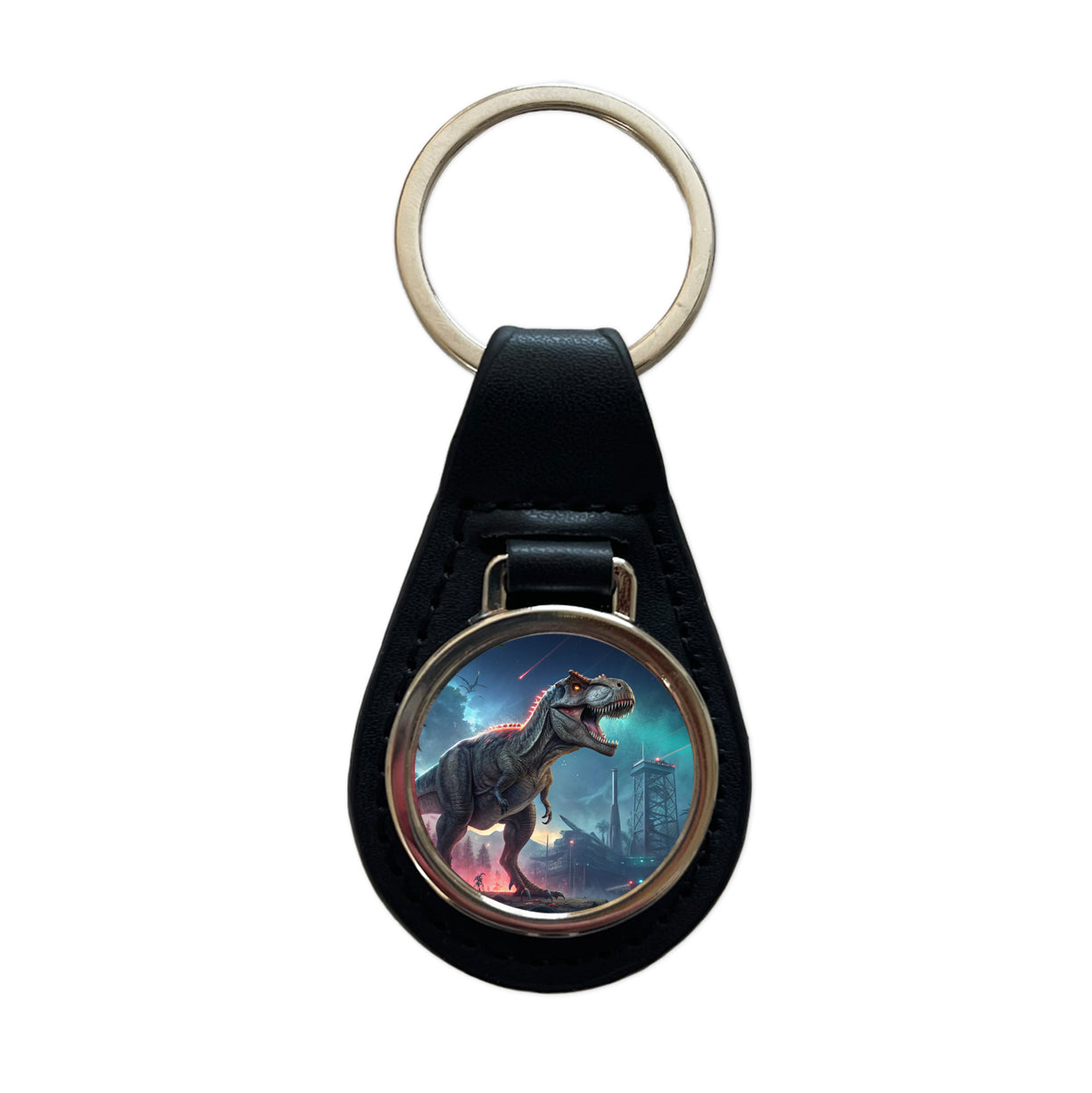 Sci-fi Futuristic T-Rex Dinosaur Black Leather Metal Keychain