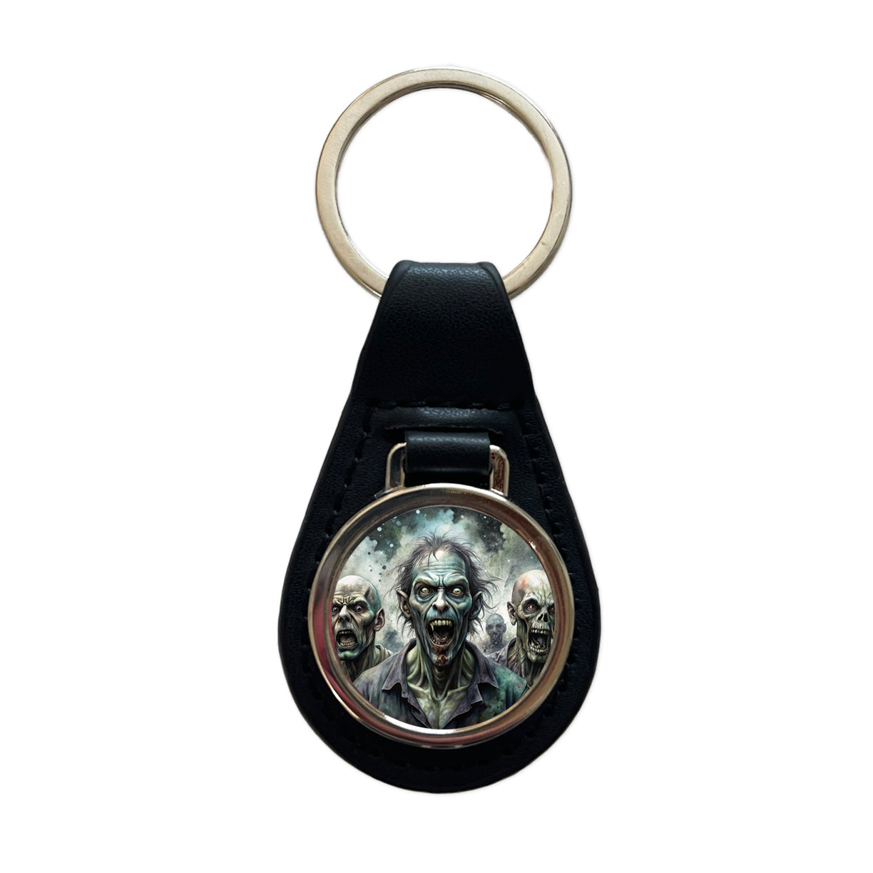 Shambling Zombies Monsters Black Watercolor Black Leather Metal Keychain