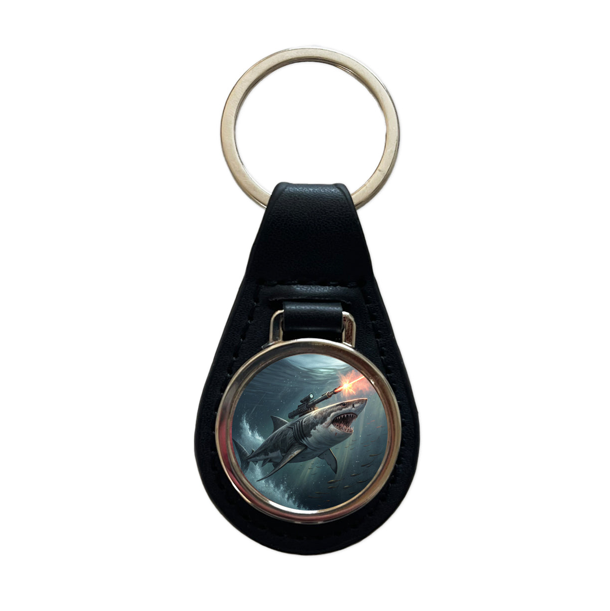 Shark With Laser Gun Mounted On Its Back Black Leather Metal Keychain