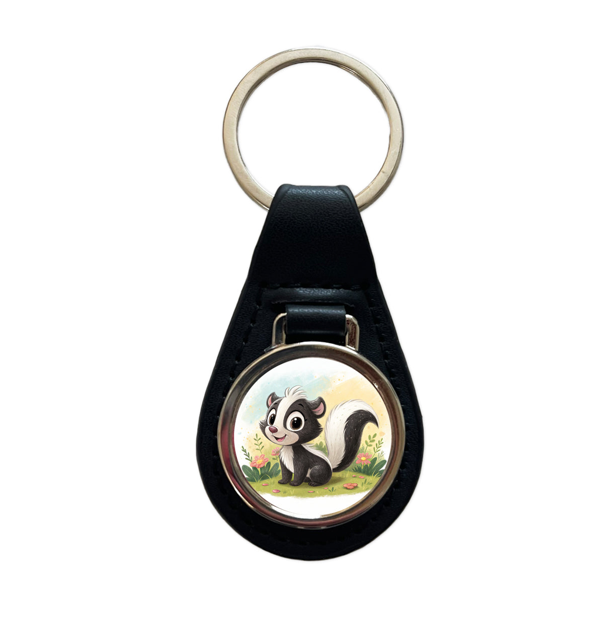 Skunk Children's Illustration Style Black Leather Metal Keychain