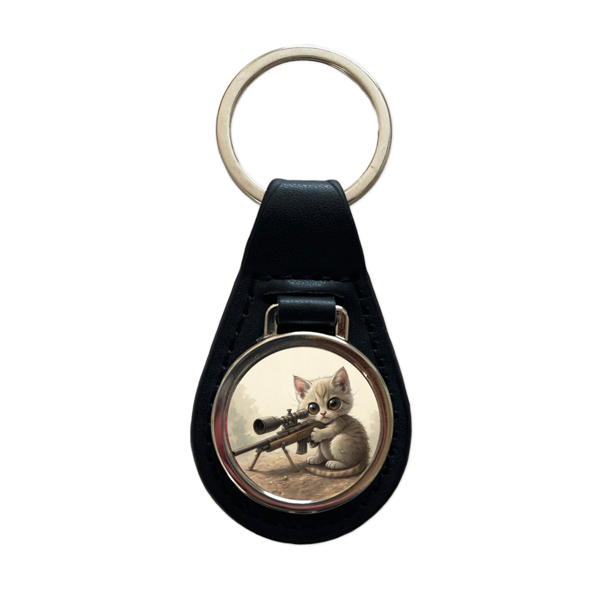 Small Fuzzy Cat Kitten With A Sniper Rifle Funny Black Leather Metal Keychain