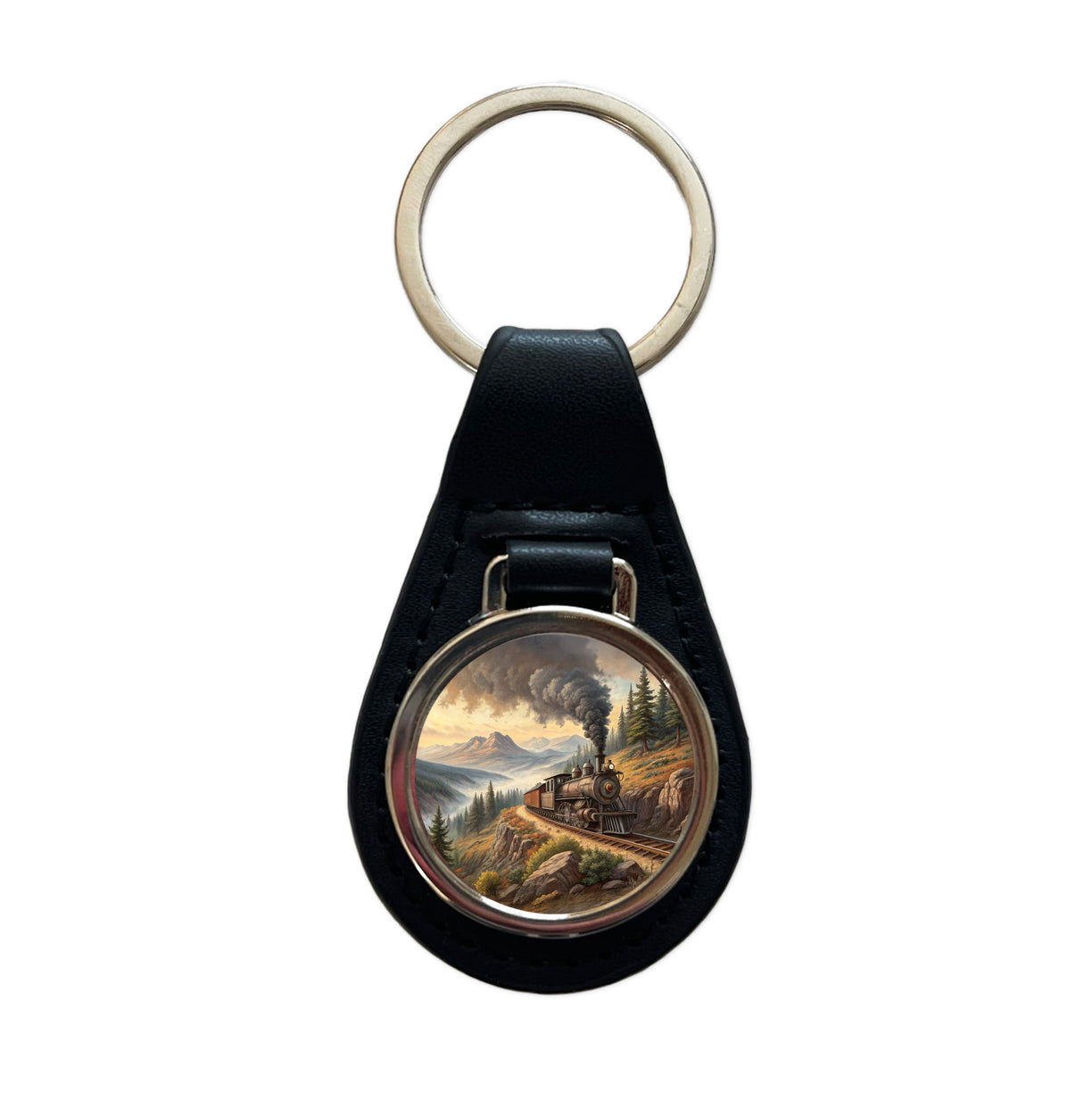 Steam Locomotive Coming Around The Mountain Old West Western Black Leather Metal Keychain