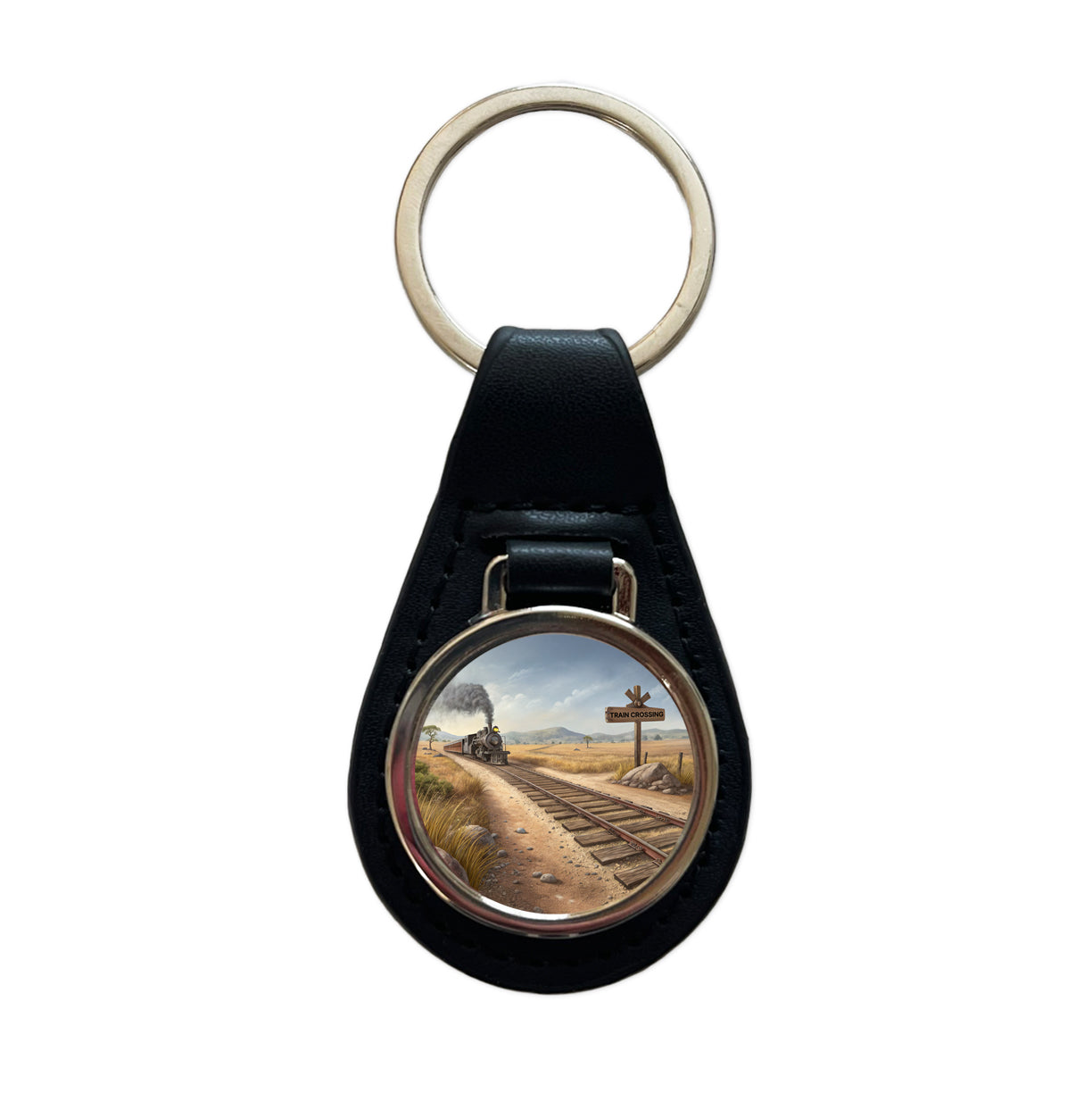 Steam Locomotive Train Crossing Old West Western Black Leather Metal Keychain