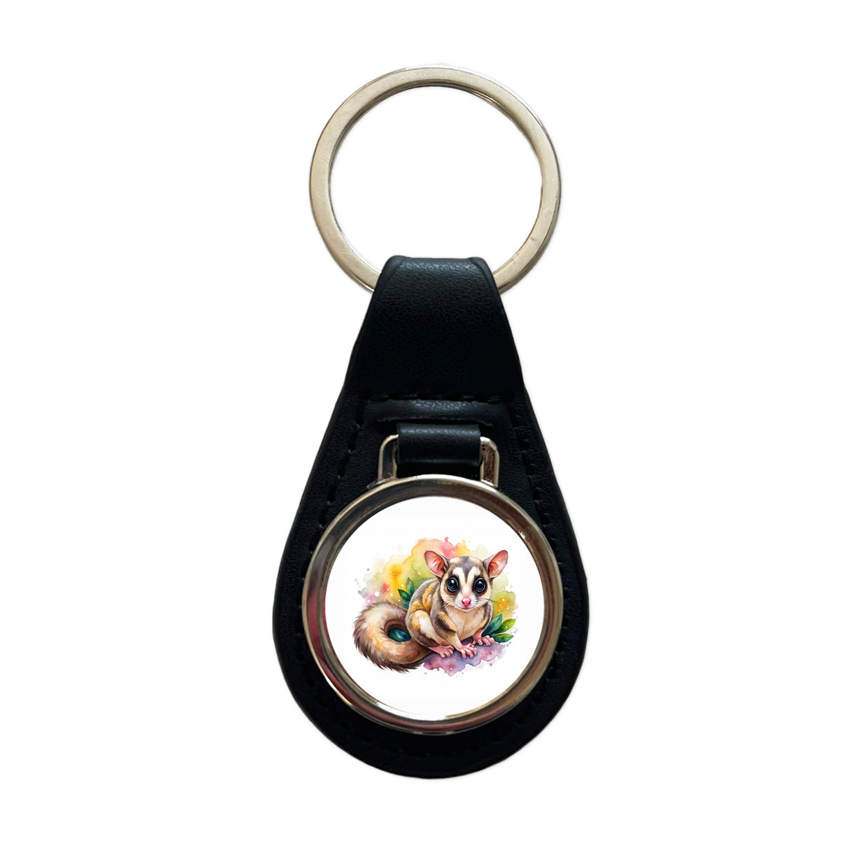 Sugar Glider Watercolor Black Leather Metal Keychain