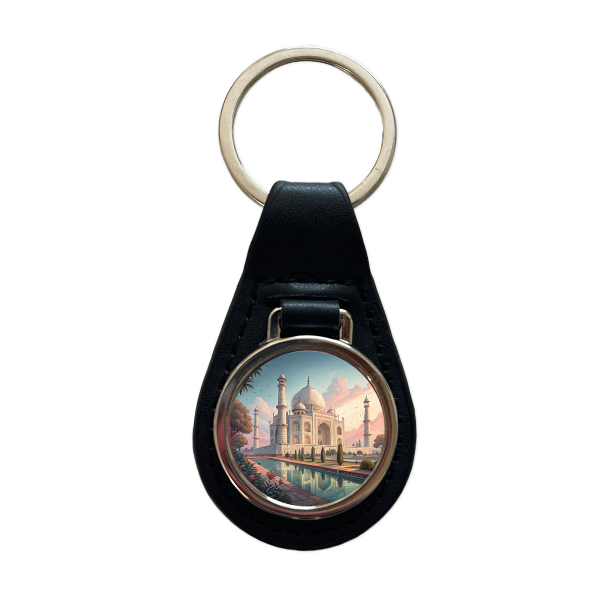Taj Mahal India Black Leather Metal Keychain