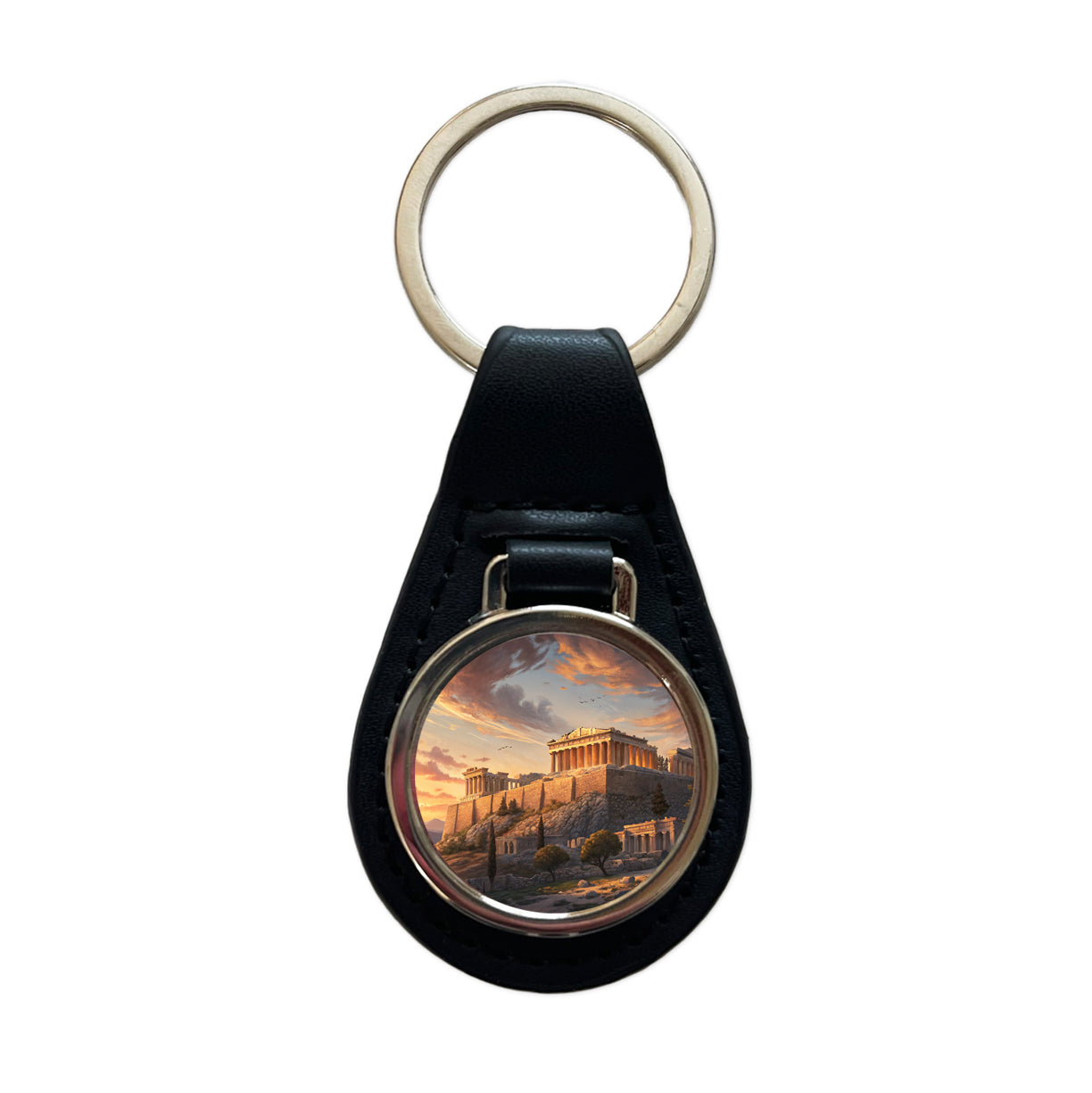 The Acropolis At Golden Hour Athens Greece Black Leather Metal Keychain