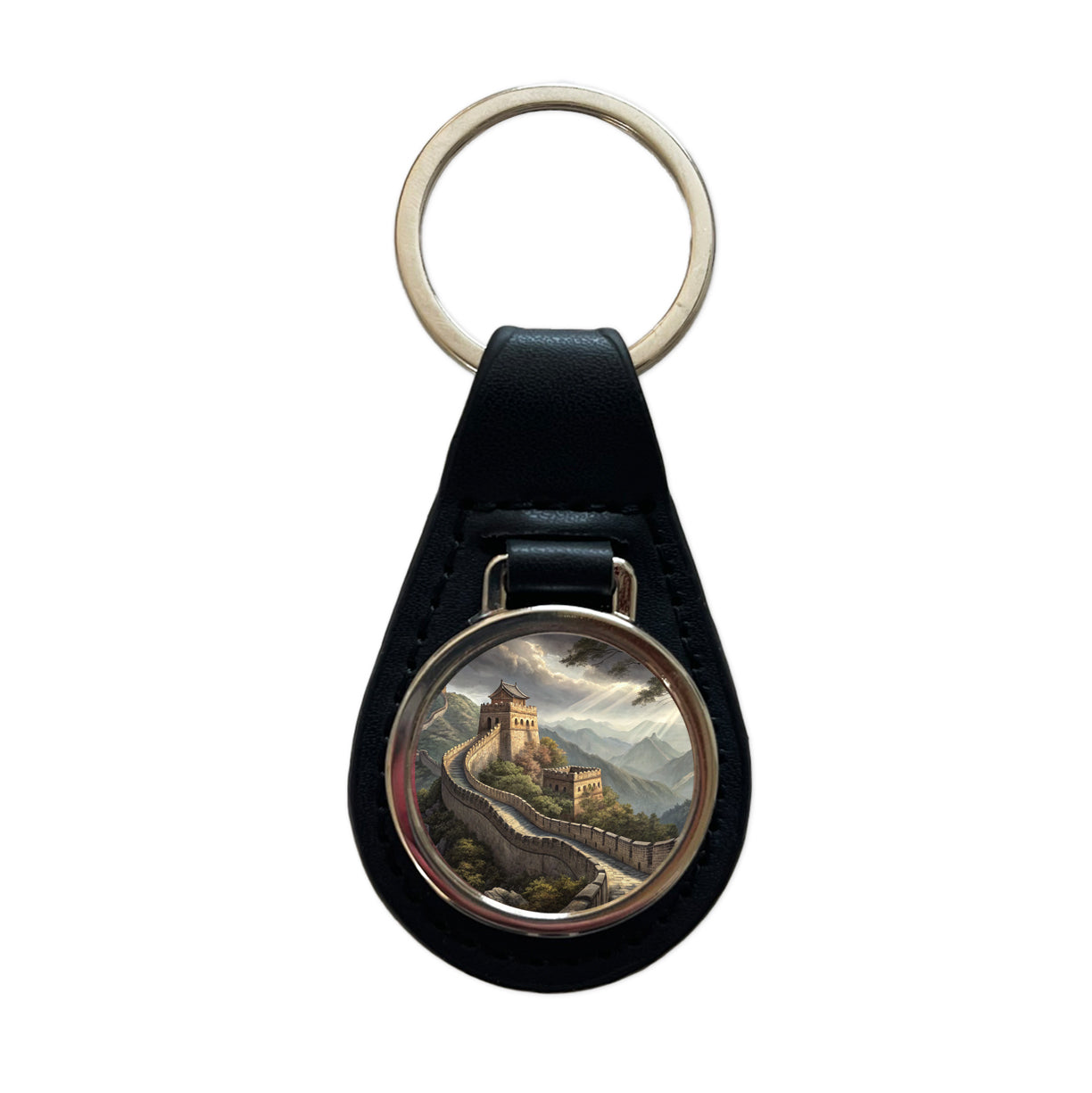 The Great Wall Of China Black Leather Metal Keychain