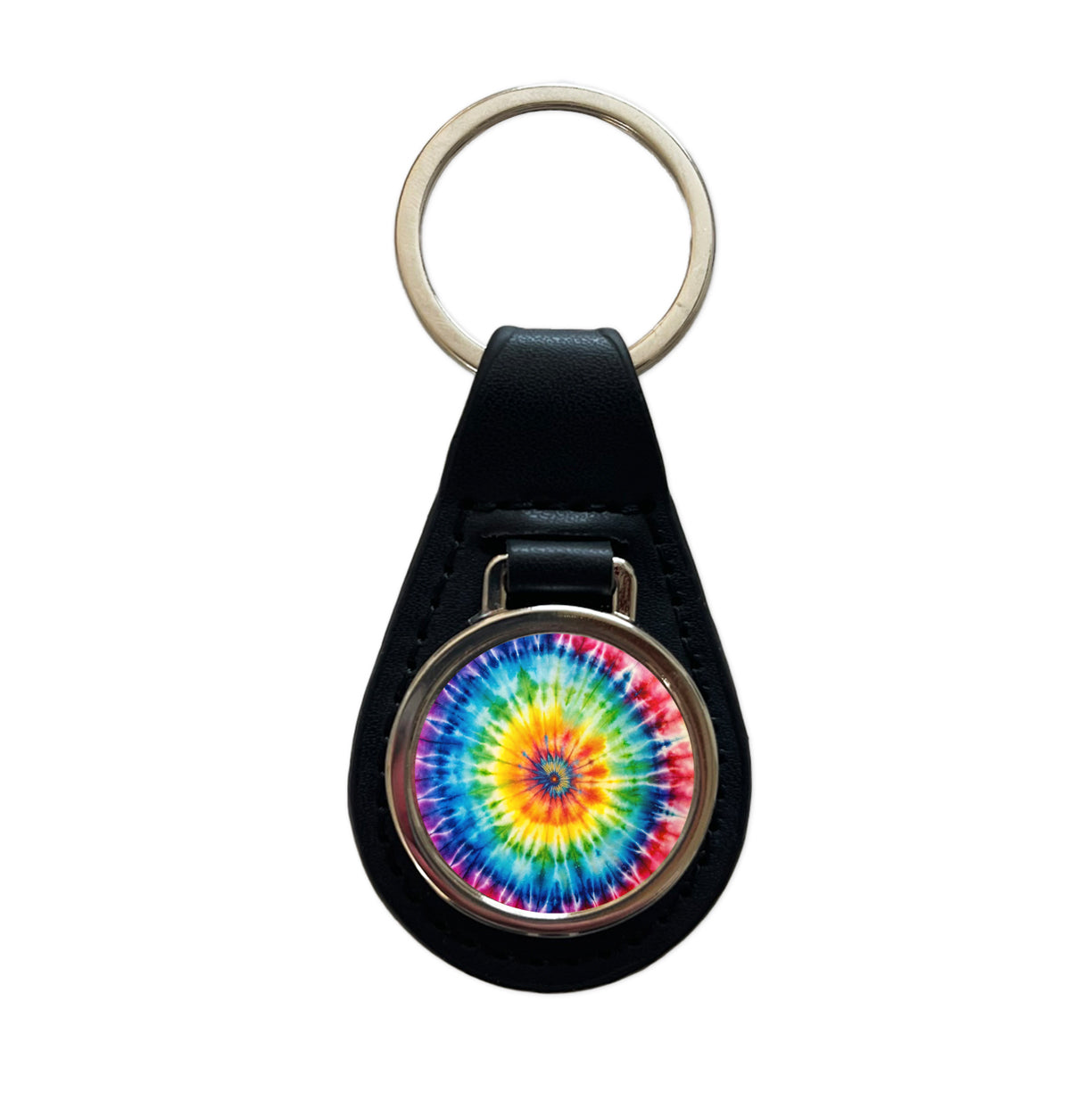 Tie-Dye Watercolor Design Black Leather Metal Keychain