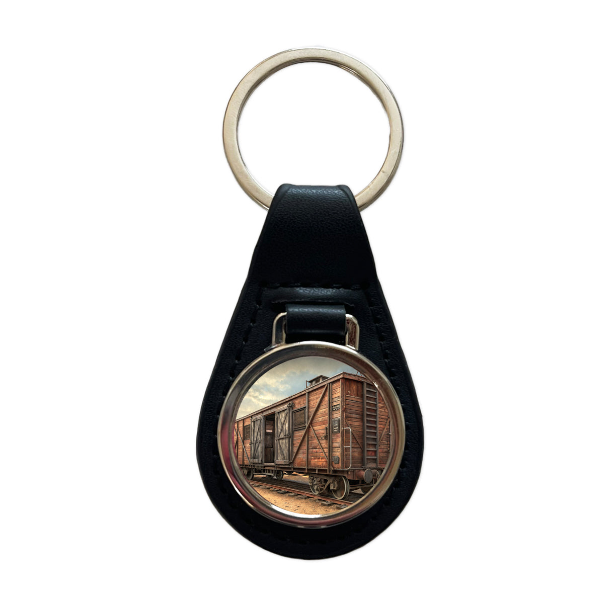 Train Freight Car Old West Western Black Leather Metal Keychain