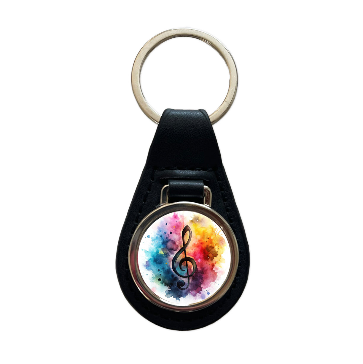Treble Clef Music Musical Note Colorful Watercolor Black Leather Metal Keychain