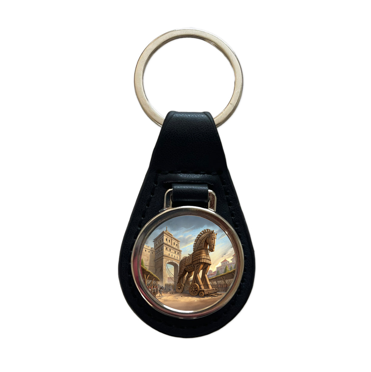 Trojan Horse Being Brought Into Troy Homer's Iliad War Black Leather Metal Keychain