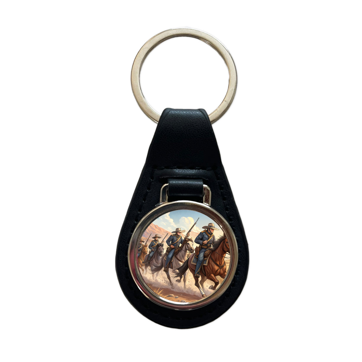 US Cavalry Charge Cowboy Western Old West Black Leather Metal Keychain