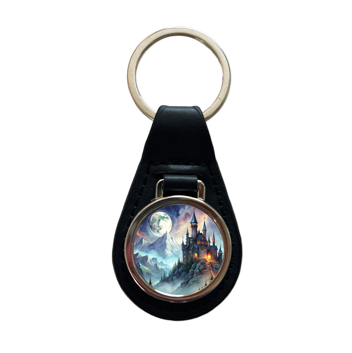Vampire Castle On Mountain Top Under A Full Moon Black Leather Metal Keychain
