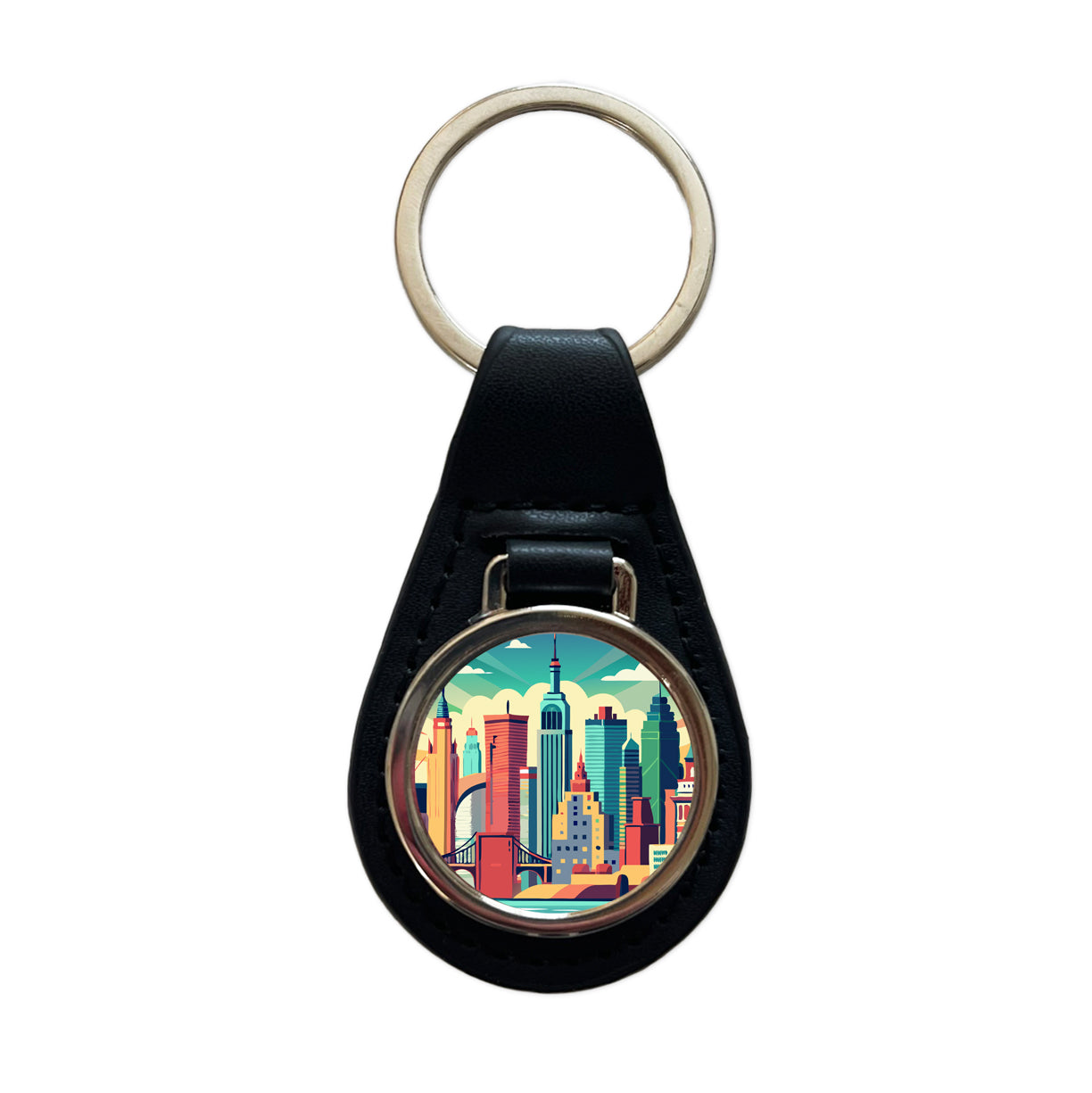 Vibrant Colored New York City Skyline Landscape Black Leather Metal Keychain