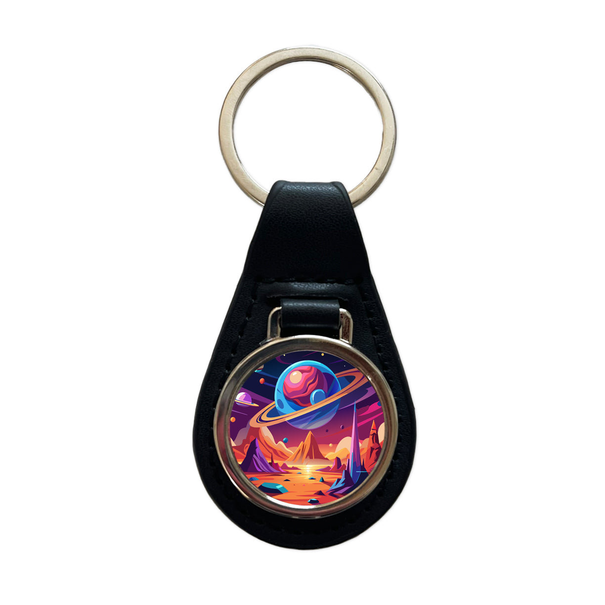 Vibrant Colored Sci-fi Hostile Alien Planet Black Leather Metal Keychain