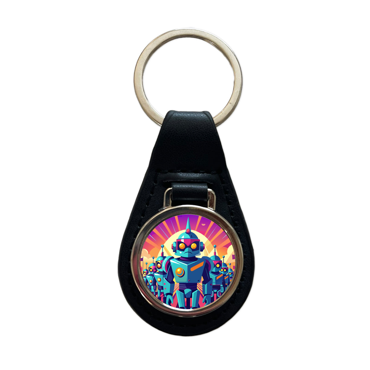 Vibrant Colored Sci-fi Robot Army Marching Black Leather Metal Keychain