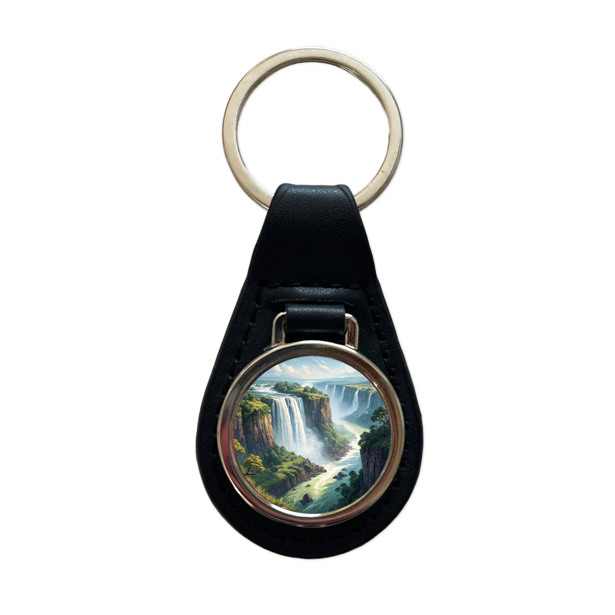 Victoria Falls Zimbabwe Zambia Africa Black Leather Metal Keychain