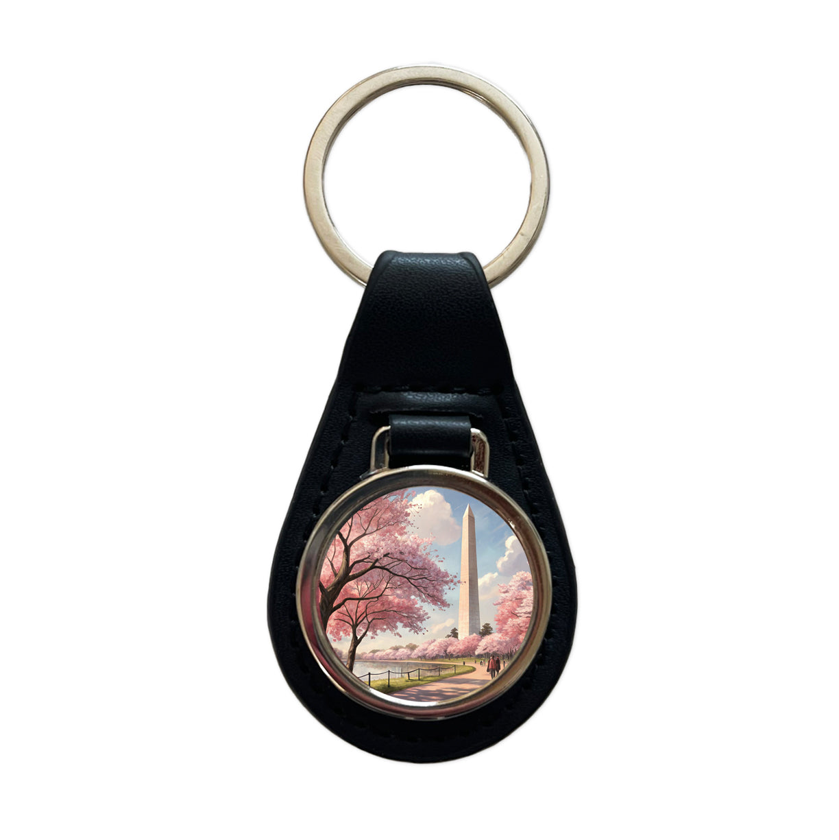 Washington Monument During Cherry Tree Blossom Season Black Leather Metal Keychain