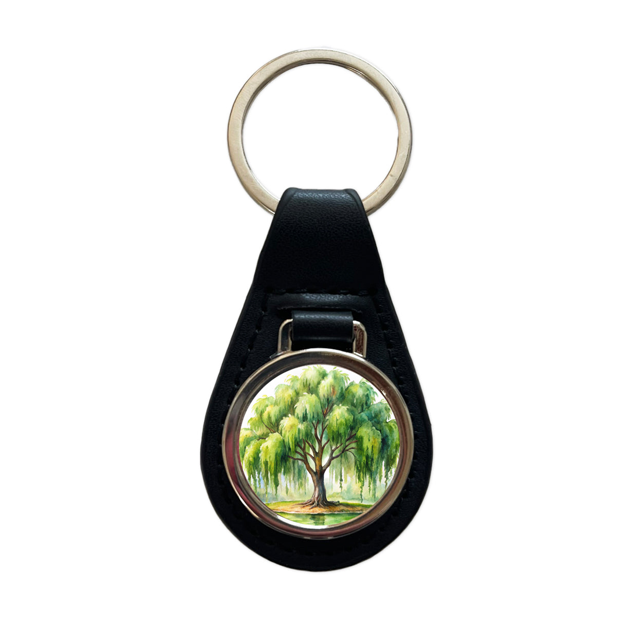 Weeping Willow Tree Watercolor Black Leather Metal Keychain