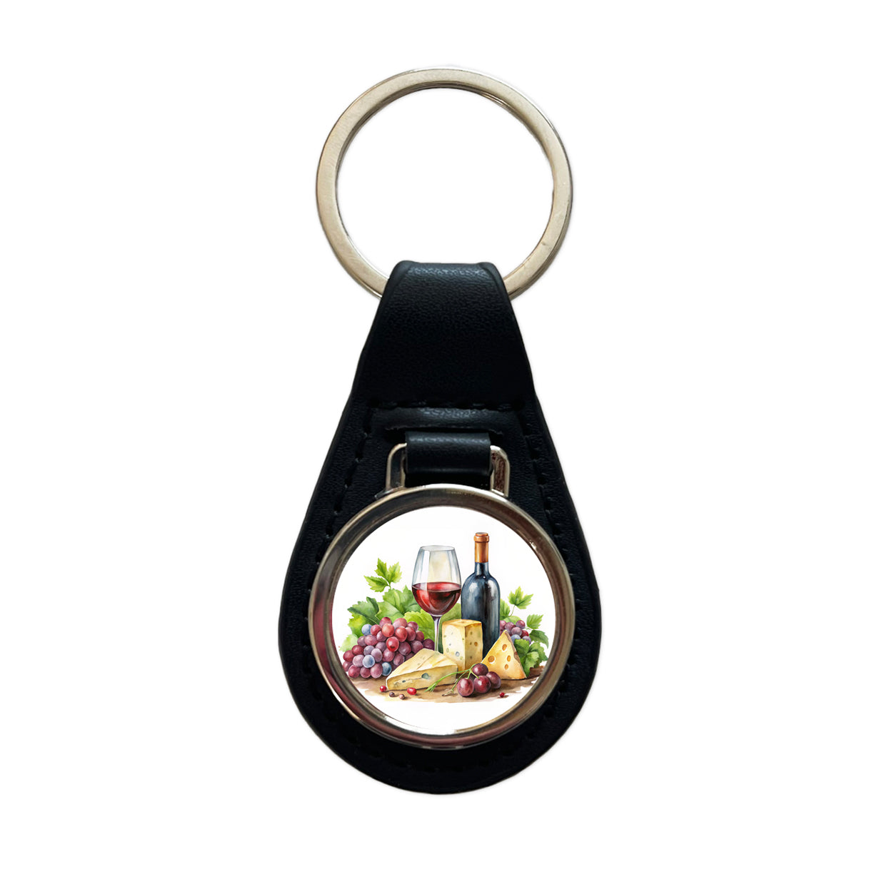 Wine Cheese Grapes Watercolor Black Leather Metal Keychain