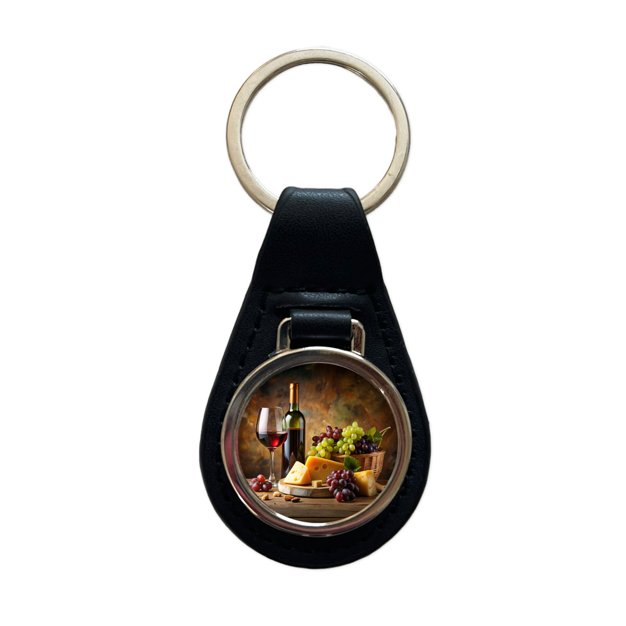 Wine Cheese Grapes Rustic Setting Black Leather Metal Keychain