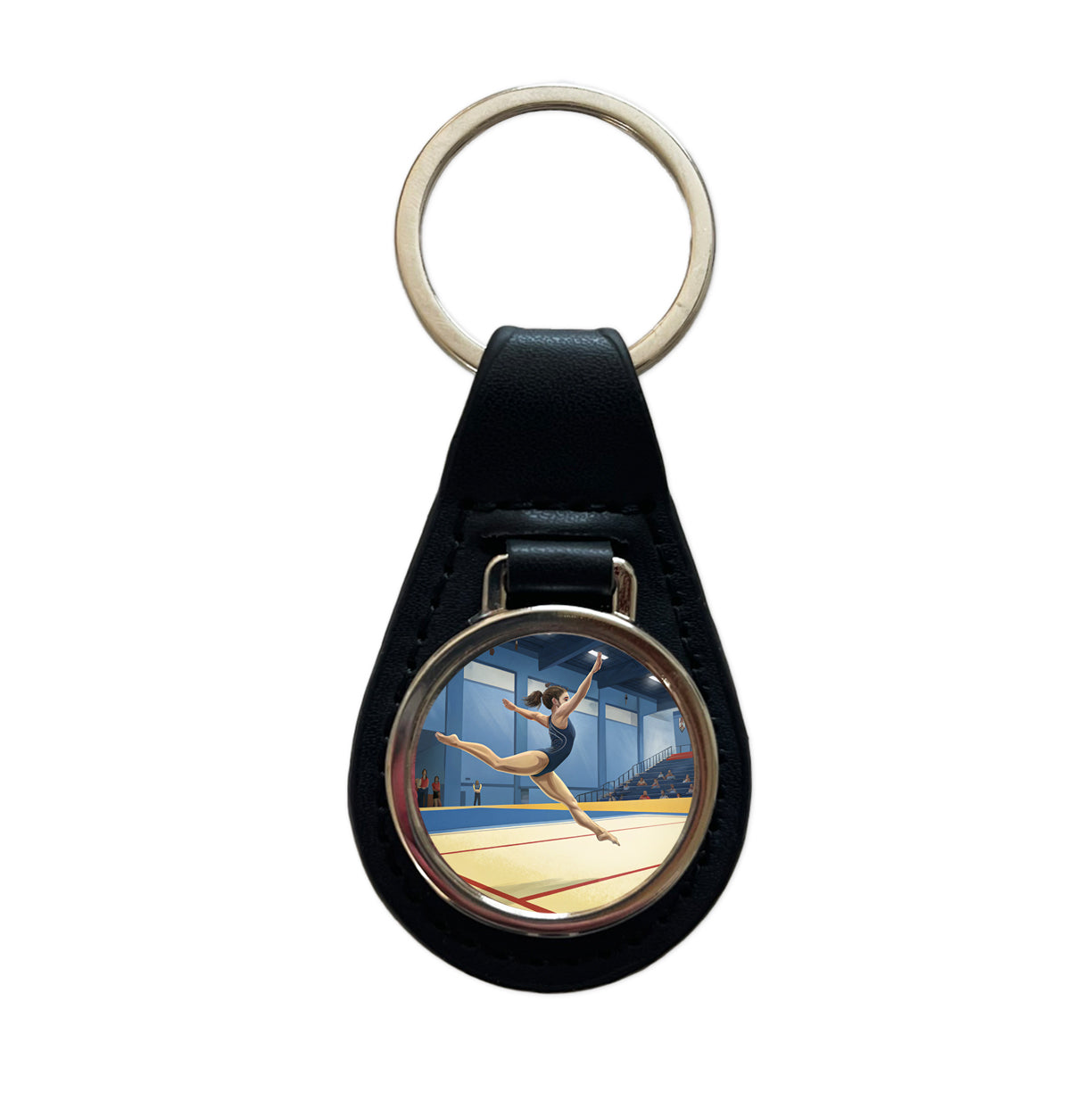 Women's Gymnastics Floor Routine Black Leather Metal Keychain