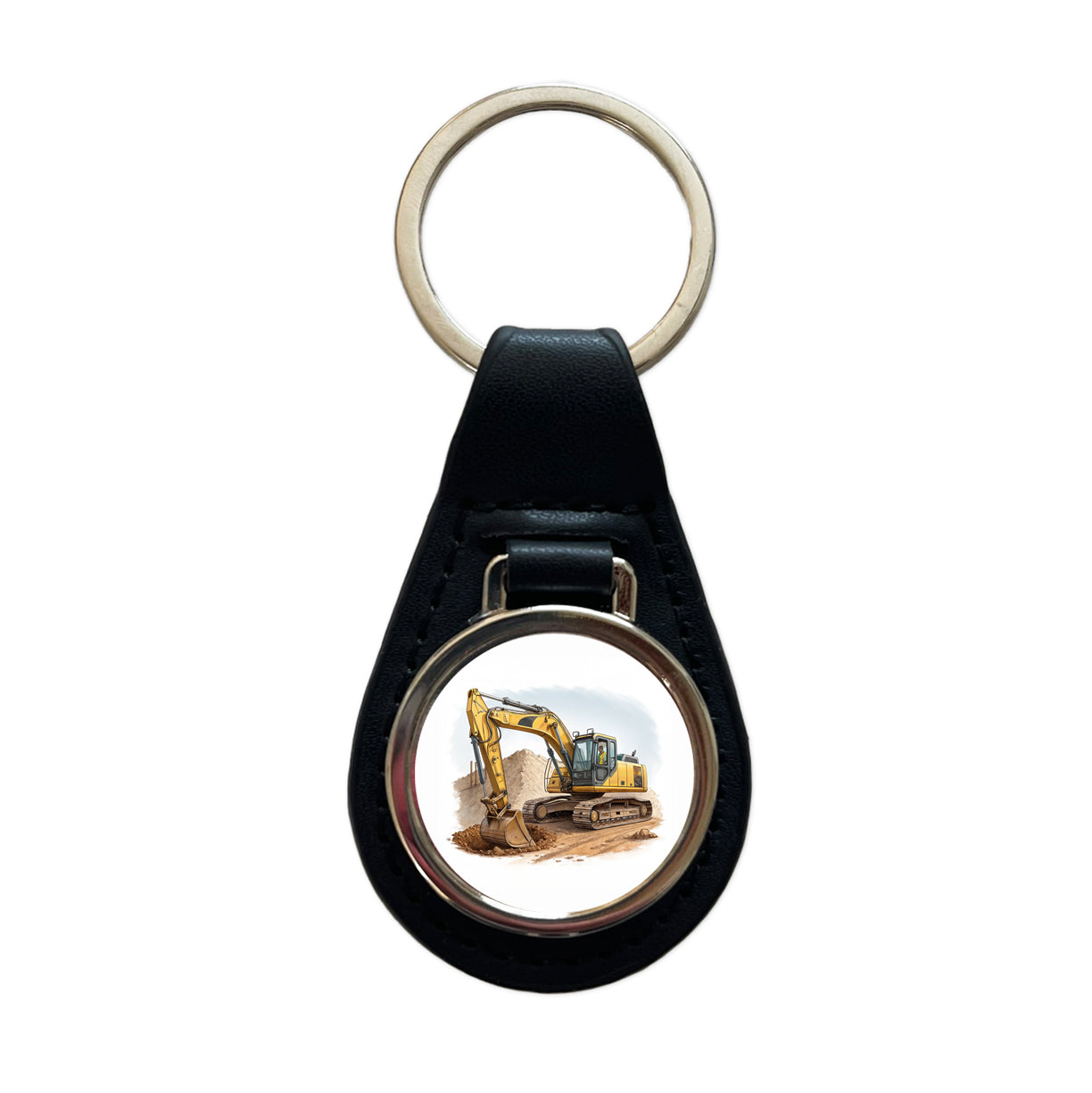 Yellow Excavator Construction Equipment Black Leather Metal Keychain