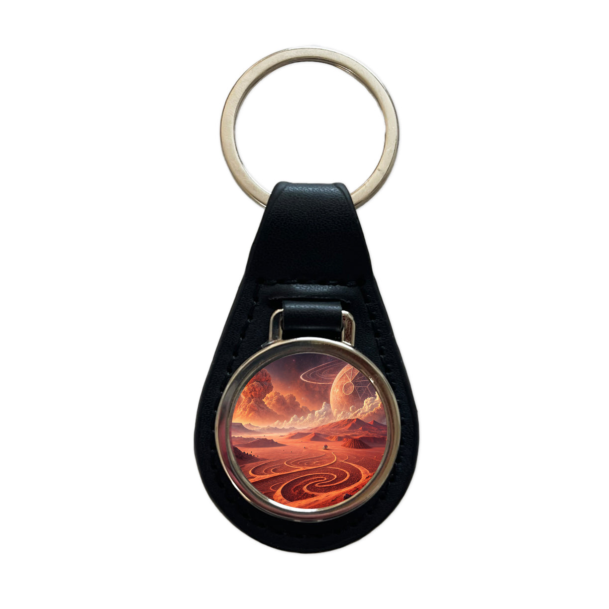 Abstract Alien Martian Sci-fi Landscape Black Leather Metal Keychain