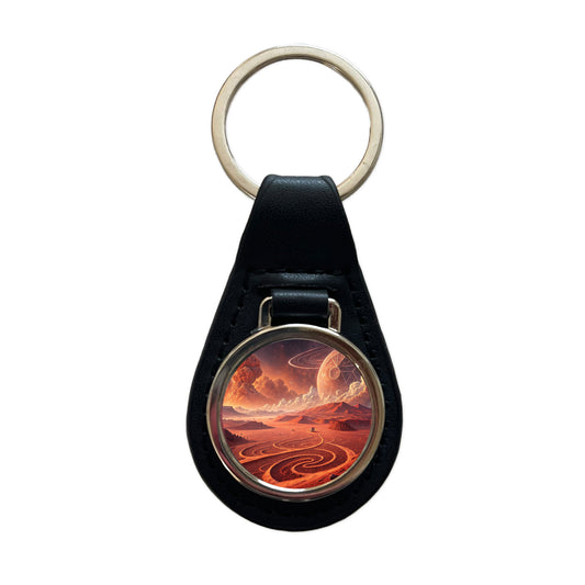 Abstract Alien Martian Sci-fi Landscape Black Leather Metal Keychain