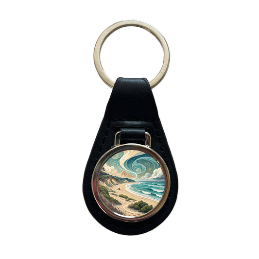 Abstract Beach Shore Landscape Black Leather Metal Keychain