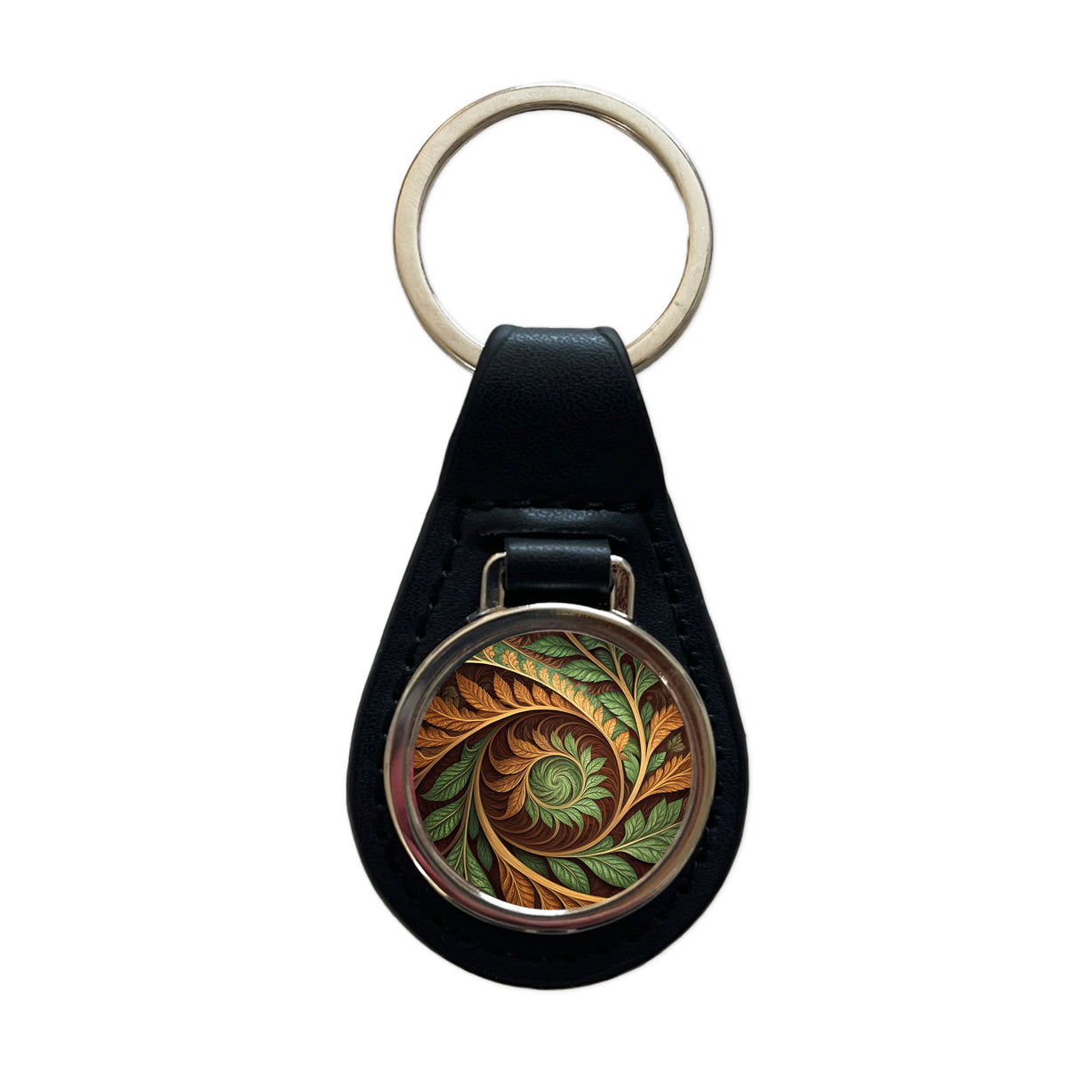Abstract Brown Green Leaves Swirl Black Leather Metal Keychain
