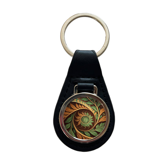 Abstract Brown Green Leaves Swirl Black Leather Metal Keychain