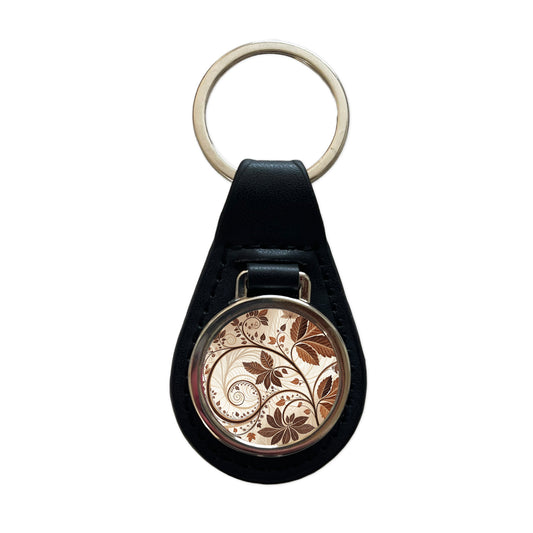 Abstract Brown Leaves Design Black Leather Metal Keychain