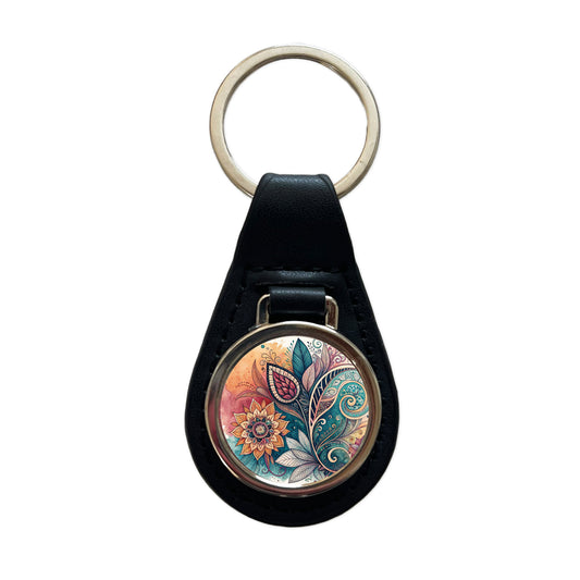 Abstract Deco Floral Leaves Swirl Design Black Leather Metal Keychain