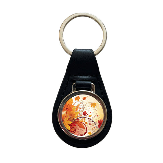 Abstract Fall Autumn Leaves Design Black Leather Metal Keychain