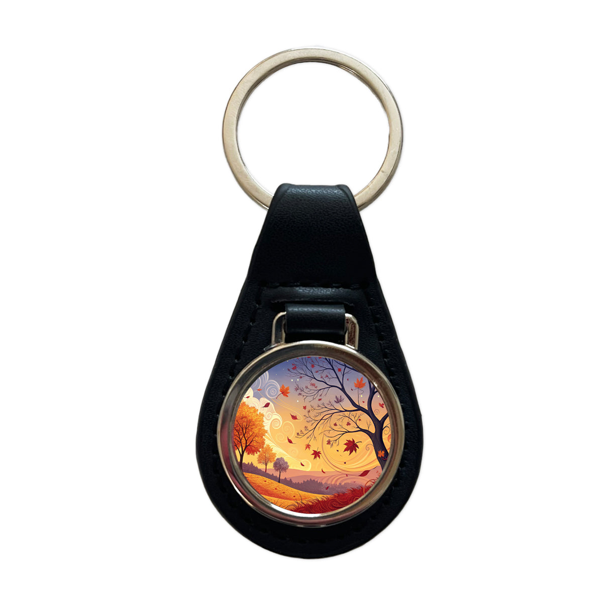 Abstract Fall Autumn Scenic Landscape Black Leather Metal Keychain