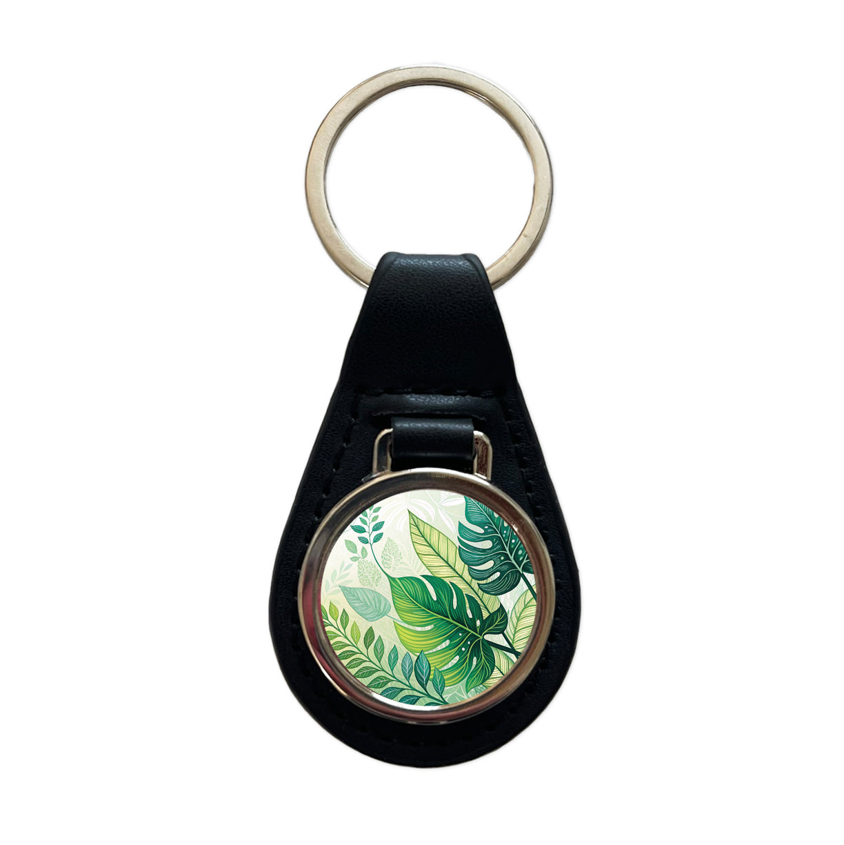 Abstract Green Leaves Design Black Leather Metal Keychain