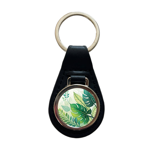 Abstract Green Leaves Design Black Leather Metal Keychain