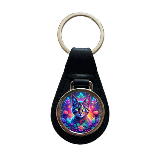 Abstract Neon Cat And Floral Design Black Leather Metal Keychain