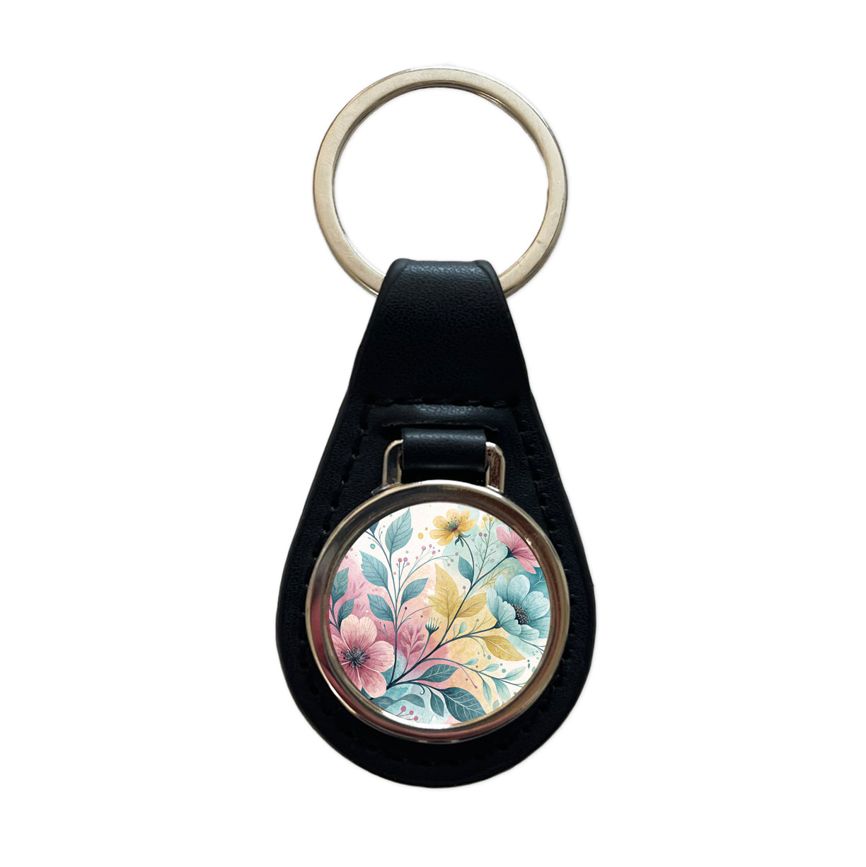 Abstract Pastel Flowers Leaves Design Black Leather Metal Keychain