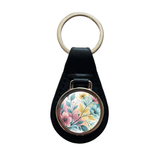 Abstract Pastel Flowers Leaves Design Black Leather Metal Keychain