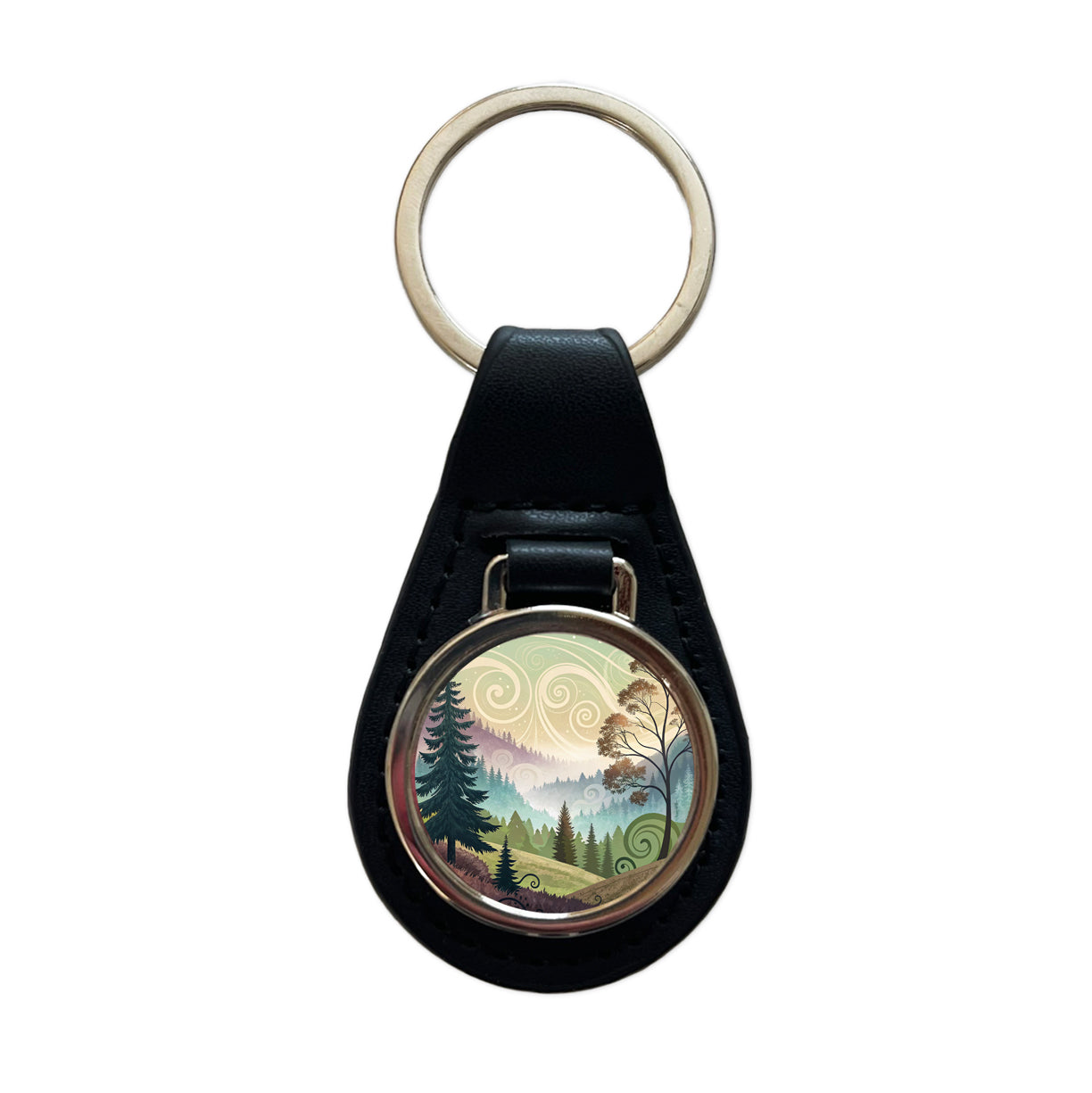 Abstract Pastel Forest Landscape Black Leather Metal Keychain