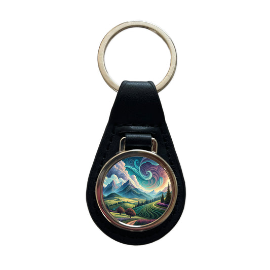 Abstract Pastels Landscape Black Leather Metal Keychain