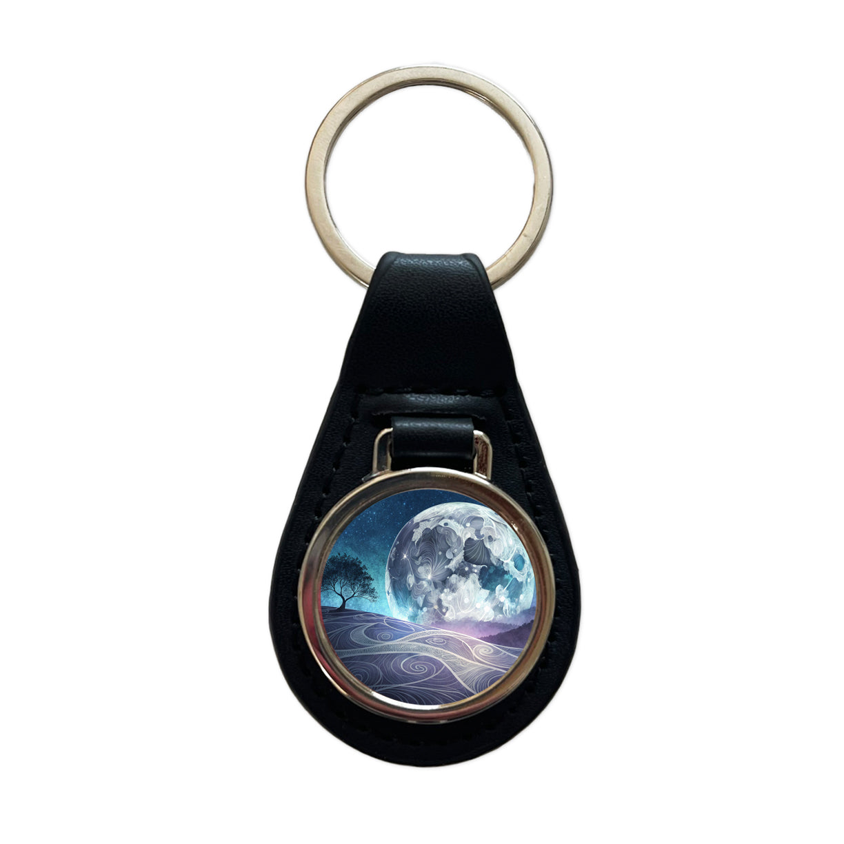 Abstract Purple Blue Moon Landscape Black Leather Metal Keychain