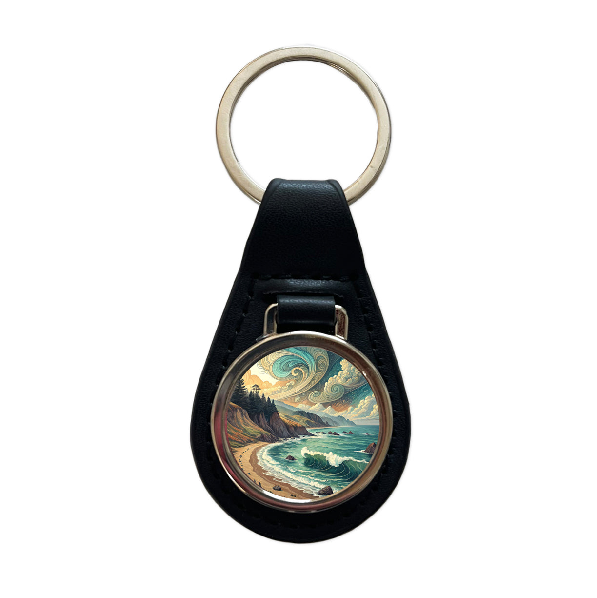 Abstract Shore Ocean Waves Landscape Black Leather Metal Keychain