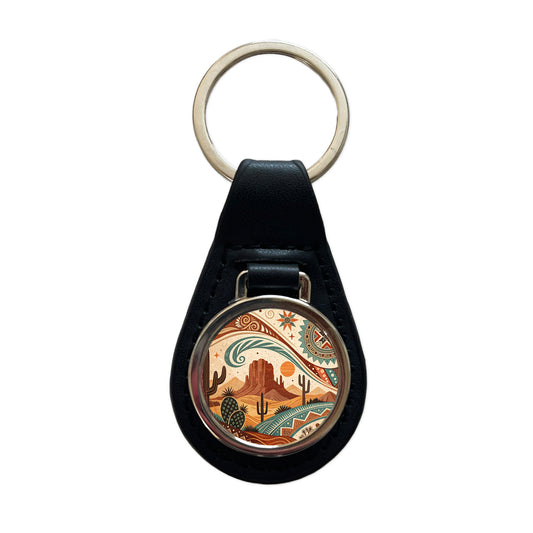 Abstract Southwestern Design Black Leather Metal Keychain