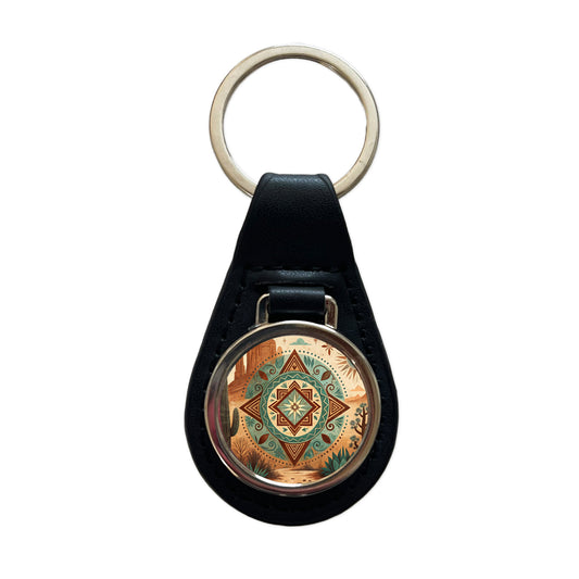Abstract Southwestern Teal Brown Desert Design Black Leather Metal Keychain
