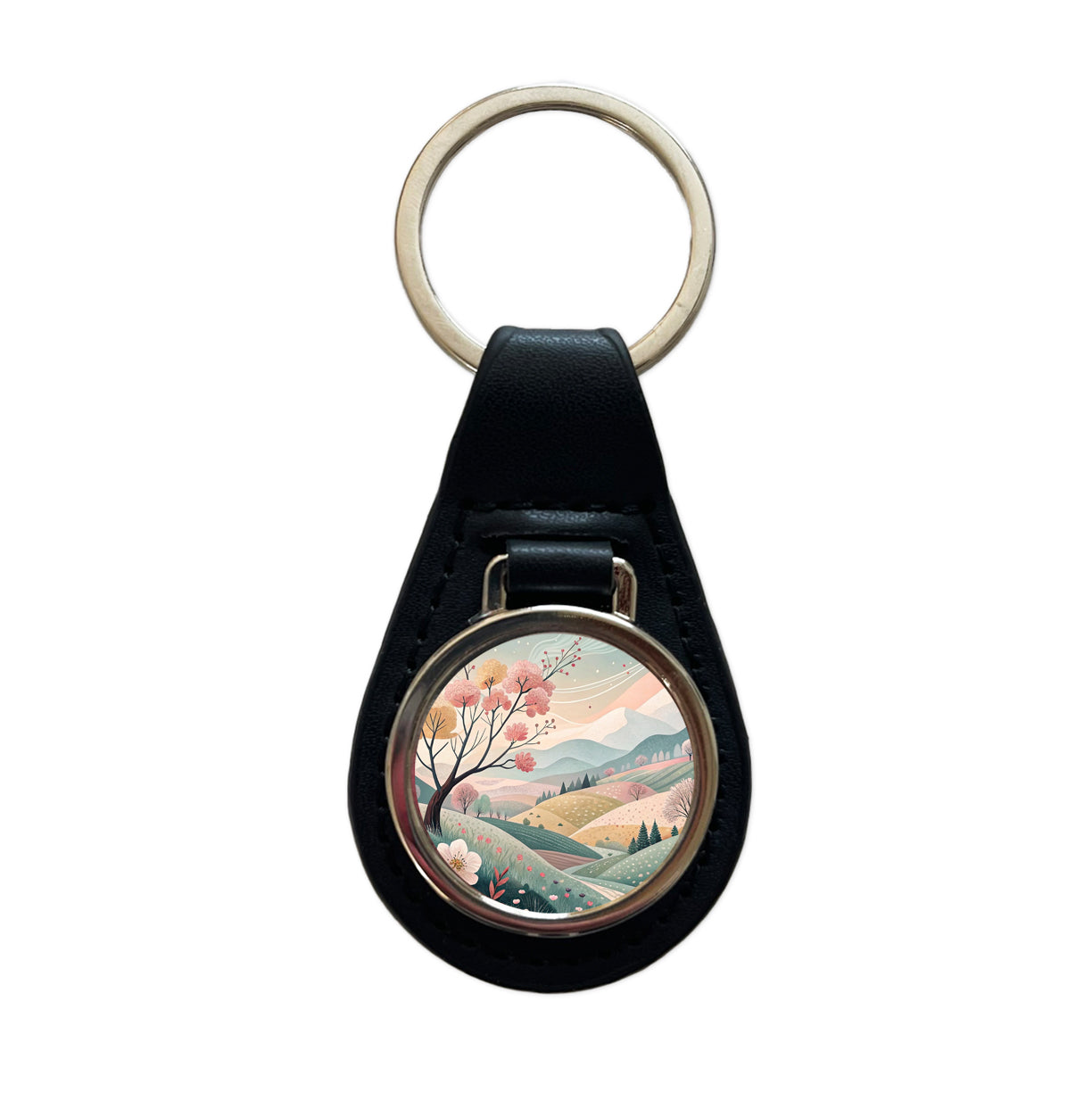Abstract Spring Landscape Black Leather Metal Keychain