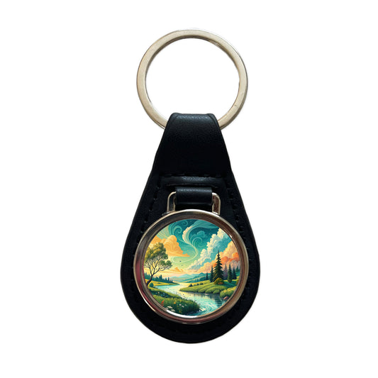 Abstract Summer Landscape Black Leather Metal Keychain